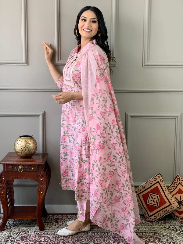 Women's Pink Cotton Digital Printed Kurta Pant Set With Dupatta - N For Nari Classic Stretch Pants