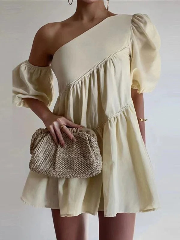 Loose Puff Sleeves Asymmetric Solid Color One-Shoulder Mini Dresses XL 119471 Stylish Button-Down Mini Dress