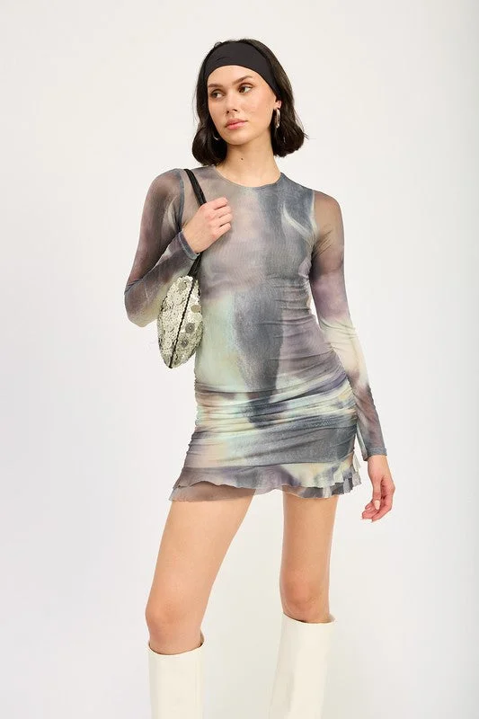 LONG SLEEVE RUFFLED MINI DRESS WITH CUTOUT Stylish Spaghetti Strap Mini Dress