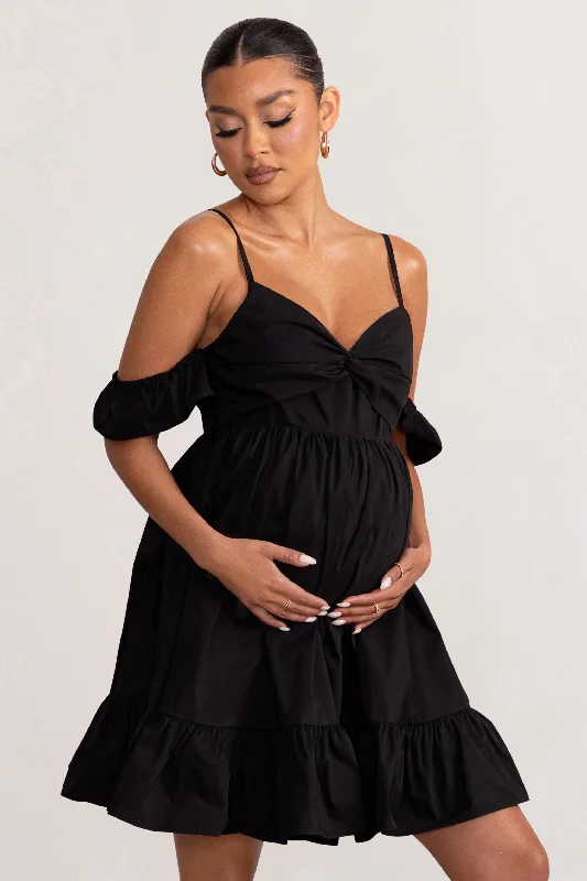 Kai | Black Cami Babydoll Maternity Mini Dress With Ruffle Cold Shoulder Sleeves Classic Shift Mini Dress