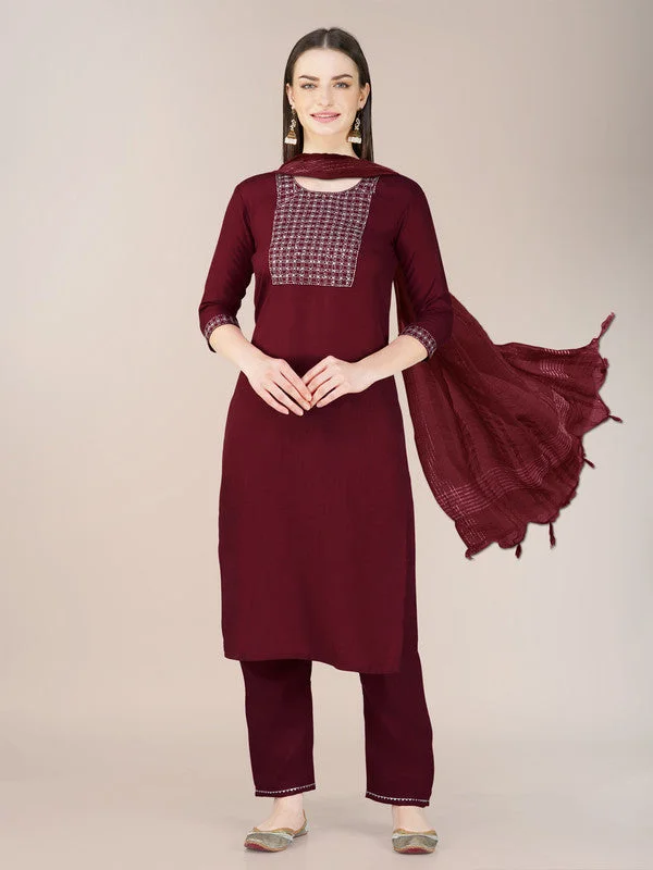 Malishka Women's Embroidered Maroon Cotton Blend Kurta Pant Set Fashionable Sporty Pants