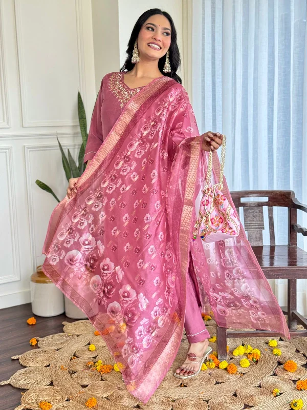Women's Pink Roman Silk Kurta Pant Set With Silk Supatta - N For Nari Comfortable Denim Leggings