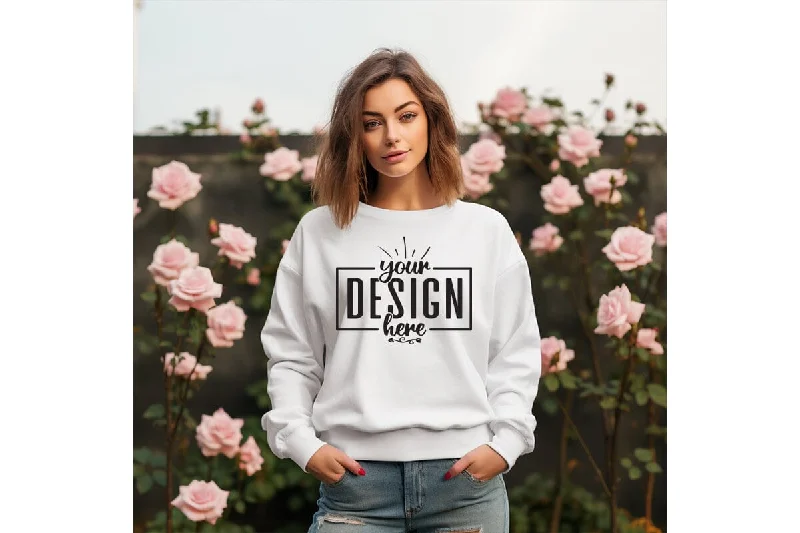 Gildan 18000 Woman White Sweatshirt Mockup Hoodie with Sequins Glamorous Eye-catching Gildan 18000 Woman White Sweatshirt Mockup Hoodie with Sequins Glamorous Eye-catching