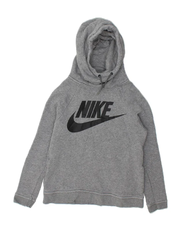NIKE Womens Graphic Hoodie Jumper UK 6 XS Grey Cotton Hoodie with Hem Patch Decorative Personalized