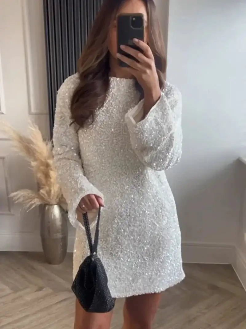 Vireous Long Sleeve Sparkling White Mini Dress Chic Tropical Mini Dress