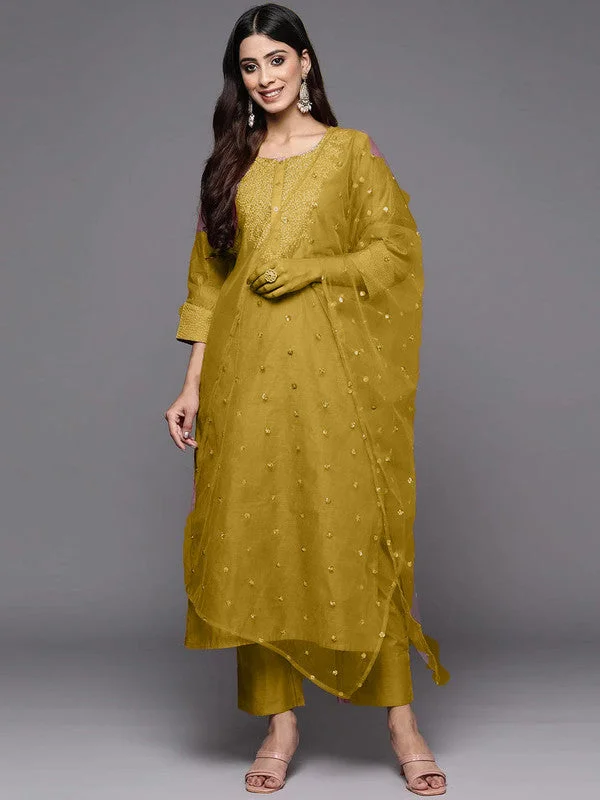 Malishka Women's Mustard Poly Silk Embroidery Kurta Pant Set With Dupatta Classic Straight-Leg Pants