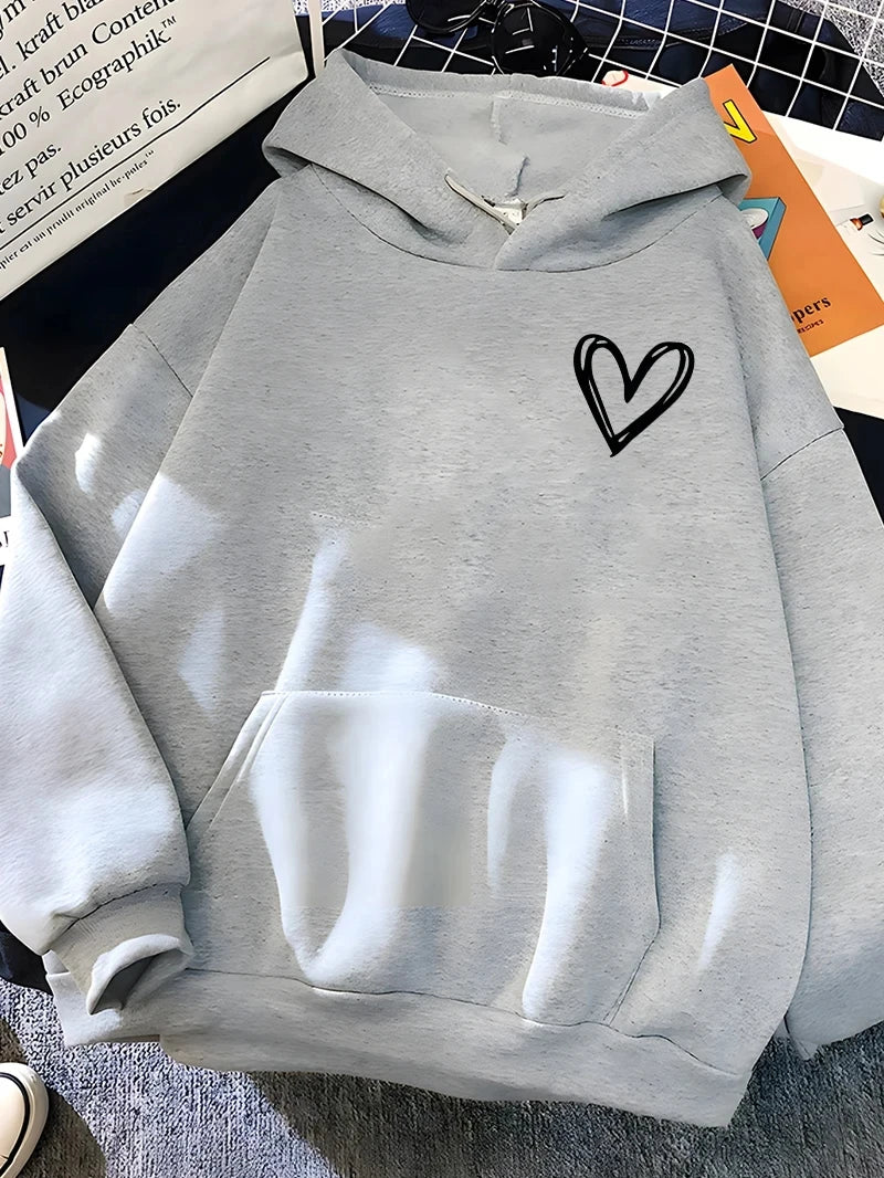 Women Sweatshirt Simplic Heart Print Couple outfit Soft Casual Loose Female Hoodies Autumn Winter Warm Fleece Student Tops Hoodie with Contrast Stitching Detailed Premium