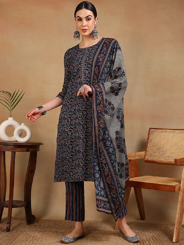 Women's Blue Viscose Rayon Embroidered Straight Kurta Pant Set With Dupatta - Ahika Elegant Wool Trousers