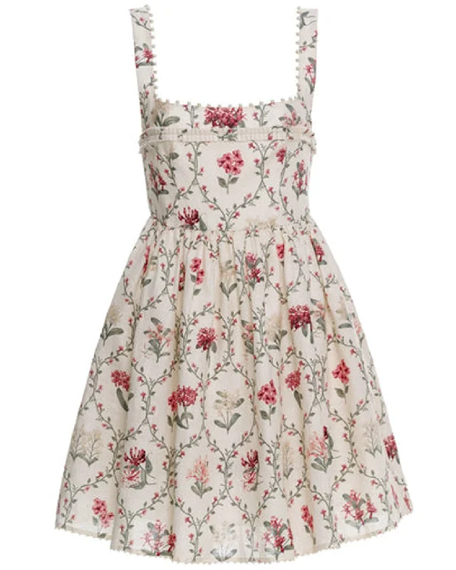 Ivory Foral Barbara Mini Dress Elegant Mini Dress with Pleats