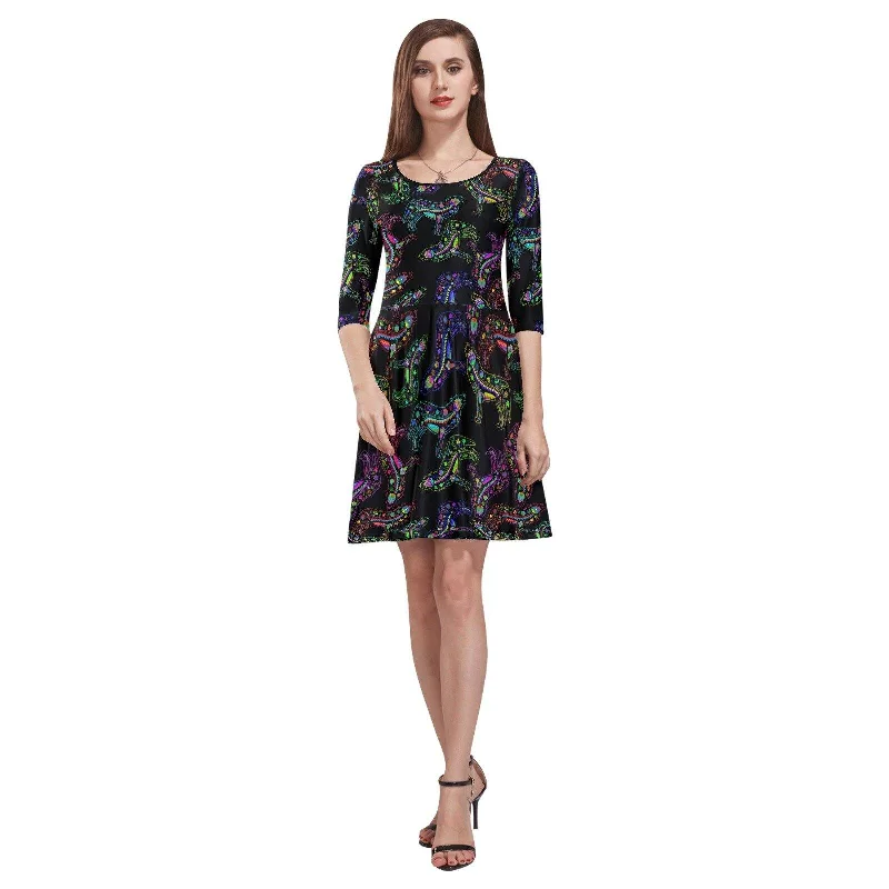 Neon Floral Wolves Tethys Half-Sleeve Skater Dress Tunics Stylish elegant