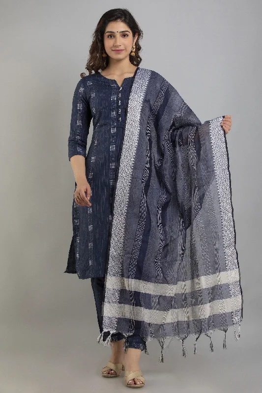 Women's Woven & Striped Cotton Blend Straight Kurta Pant & Dupatta Set (Blue) - Charu Casual Yoga Pants