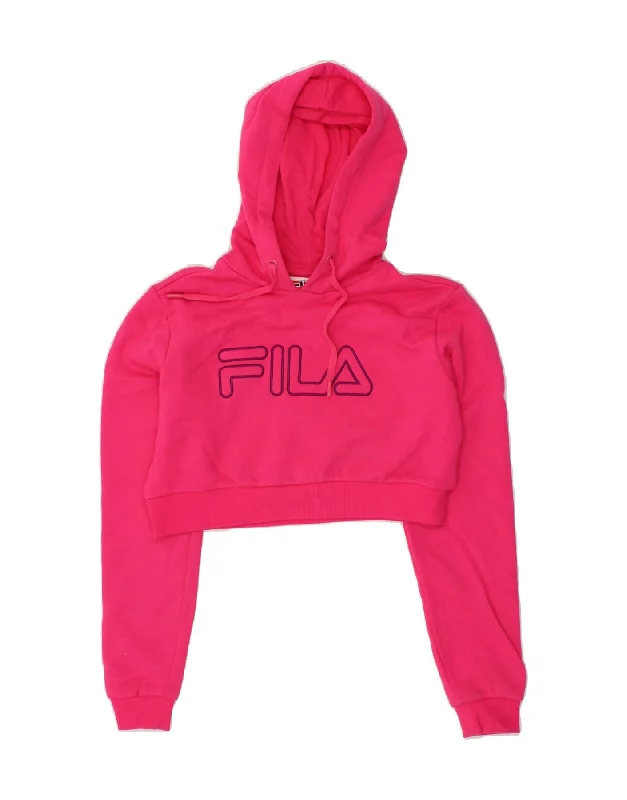 FILA Womens Crop Graphic Hoodie Jumper UK 6 XS Pink Hoodie with Rhinestones Sparkly Elegant
