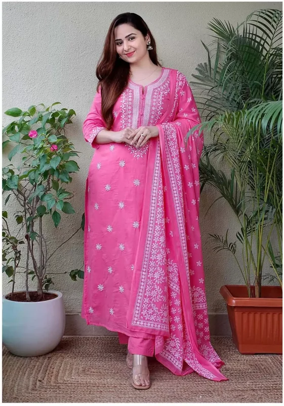 Malishka Women's Viscose Floral Embroidered Straight Kurta Pant With Dupatta Trendy Wide-Leg Pants