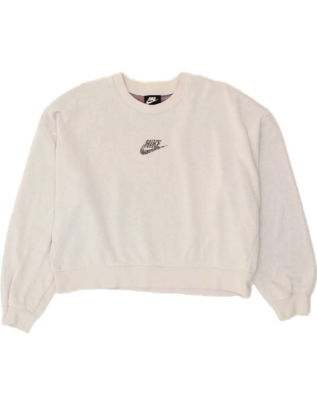 NIKE Womens Oversized Crop Sweatshirt Jumper UK 14 Medium White Cotton Hoodie with Cuffed Sleeves Snug Secure