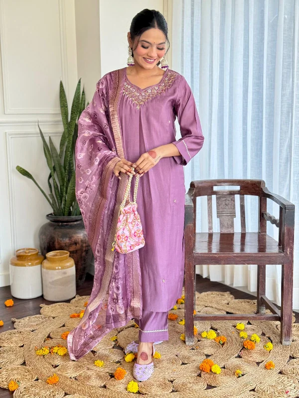 Women's Lavender Roman Silk Kurta Pant Set With Silk Supatta - N For Nari Stylish Paperbag Waist Pants