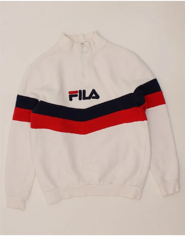 FILA Womens Oversized Graphic Zip Neck Sweatshirt Jumper UK 2 2XS White Hoodie with Neon Bright Vibrant