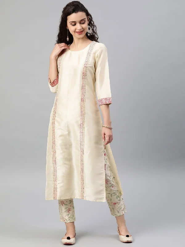 Women's Cream Color Foil Print Straight Polysilk Kurta With Pant - Ziyaa Trendy Wide-Legged Trousers