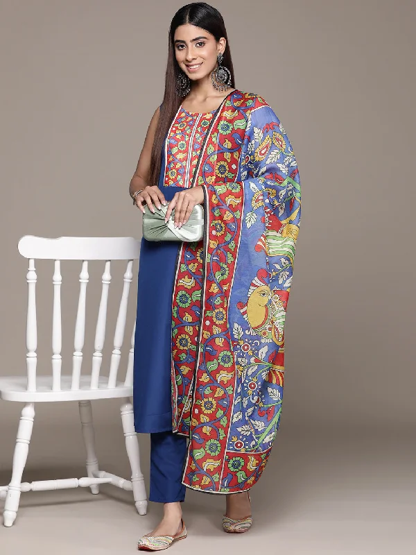 Women's Blue Crepe Straight Kurta, Pant And Dupatta Set - Ziyaa Classic Straight-Leg Pants