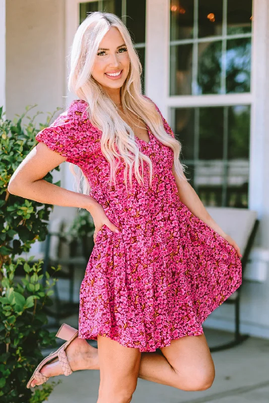 Floral V-Neck Short Sleeve Mini Dress Elegant Tulle Mini Dress