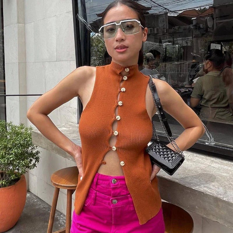 Women Single-Breasted Knitted Hollowed Out Y2k Sleeveless Slim-Fit Tank Top spandex blend tank