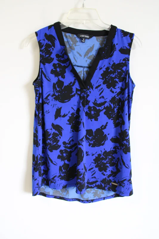 Ellen Tracy Blue Black Cobalt Floral Tank | S flexible tank top