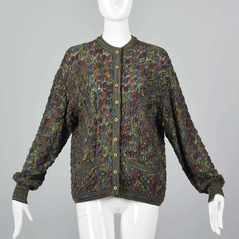 1980s Missoni Green Knit Cardigan Sweater Denim Fabric Leather Fabric Suede Fabric