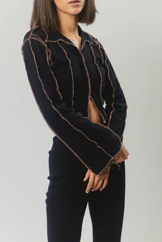 Rib Cardigan Top in Navy Blue Patchwork Embroidered Appliqued