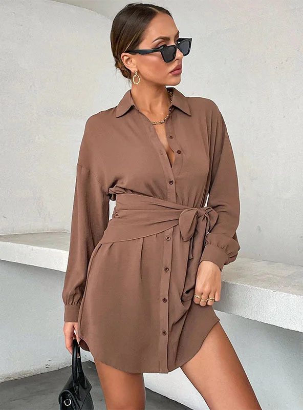 CARDIGAN TIE LAPEL LONG SLEEVE SHIRT DRESS Hooded Caped Shawl Collar