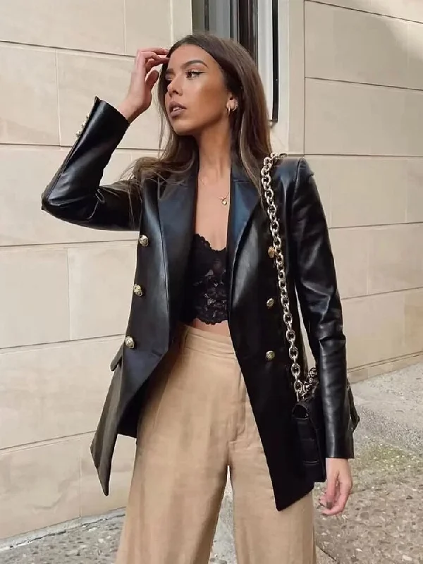 Faux Leather Blazer Jacket Women Vintage Black Long PU Jacket Coat Satin Jacket Silk Jacket Chiffon Jacket
