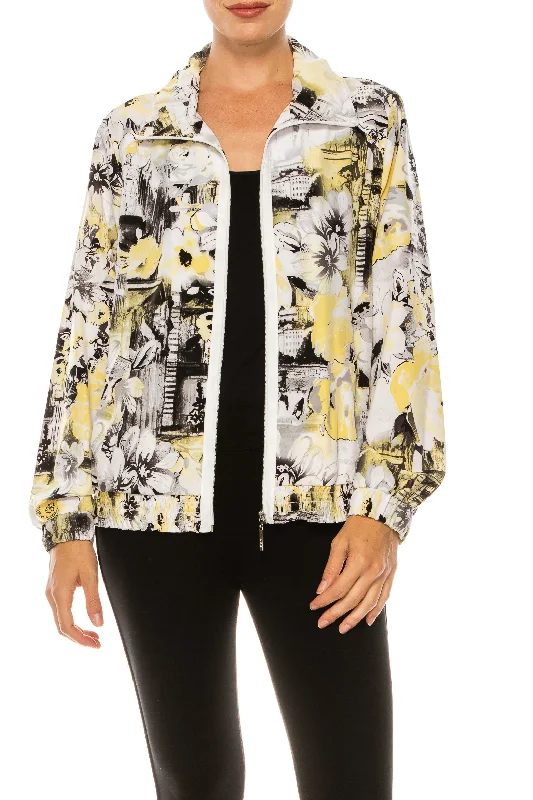 Allison Daley Yellow Destination Floral Print Zip Up Collared Jacket Snapped Jacket Toggled Jacket Drawstring Jacket