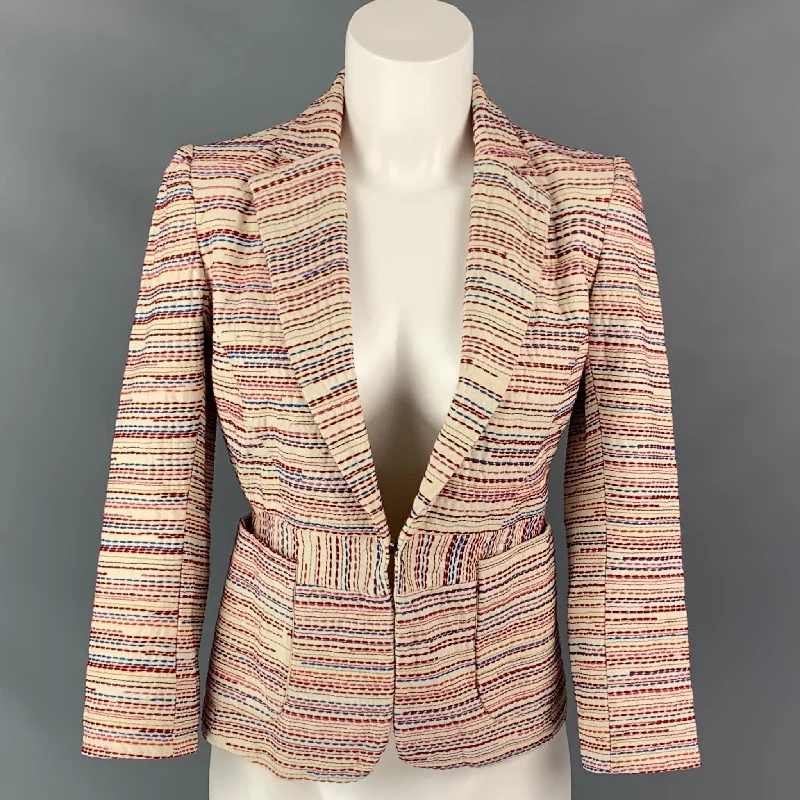 MAJE Size 0 White & Red Cotton Embroidered Jacket Boat Neck Shawl Collar Notched Collar