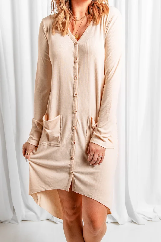 Apricot V-Neck Button-Up Cardigan with Pockets Beaded Cardigan Sequined Faux Fur