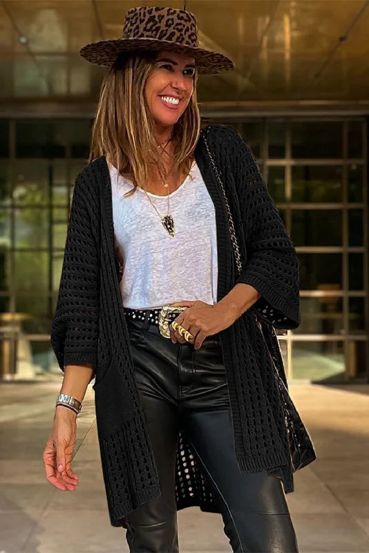 Black Knitted Cardigan Spandex Blend Rayon Blend Denim Blend
