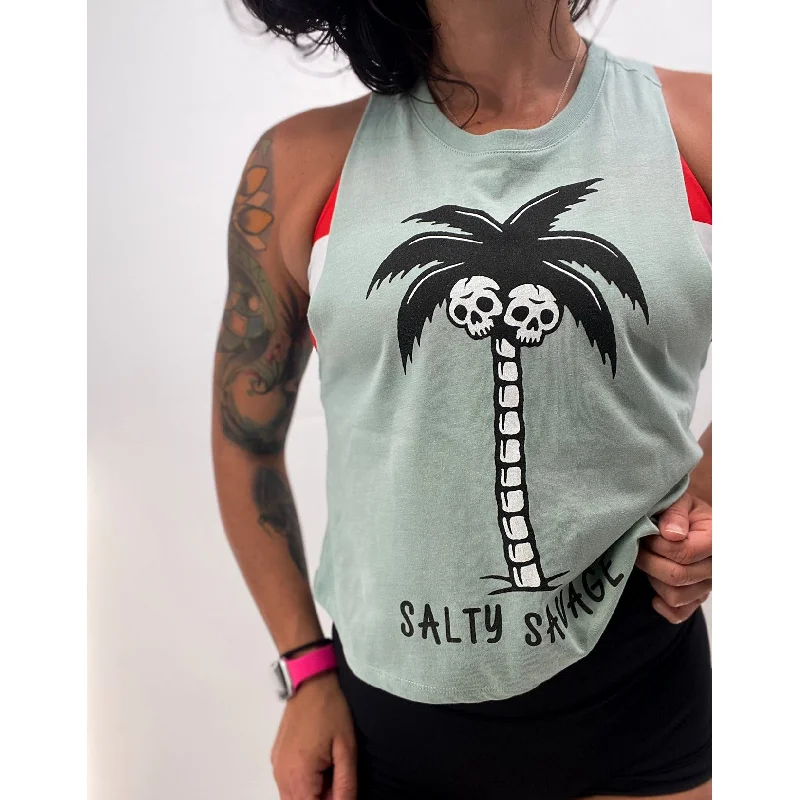 Salty Savage Ladies "Skull Palm" Flowy Crop Tank cutout tank top