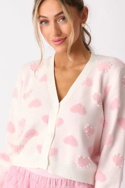Sweetheart Stroll Light Pink & Ivory Pearl Cardigan Chenille Blend Fleece Blend Nylon Blend