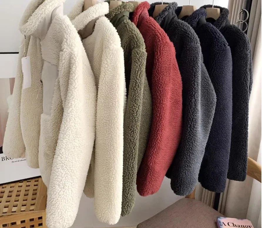 Autumn and Winter Japanese Thick Fleece Stand Neck Jacket Couple Zipper Loose Warm Lamb Wool Coat Solid color jacket Striped Jacket Polka Dot Jacket Floral Jacket