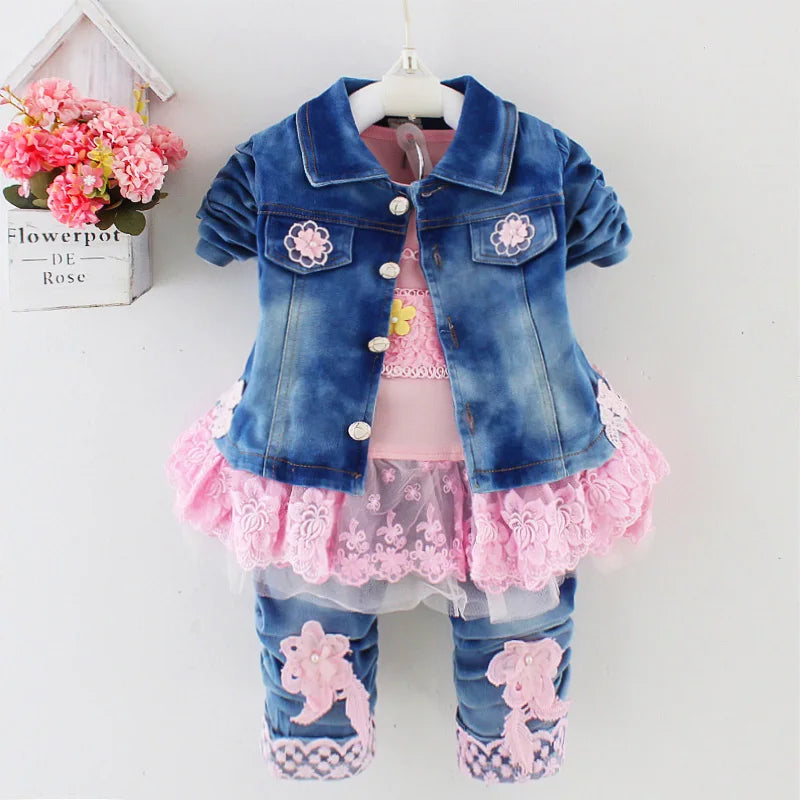 Spring Autumn Infant Toddler Baby Girl Denim Clothing Sets 3 pcs Long Sleeve T Shirt Tops Denim Jacket and Jeans Trousers Stand-Up Collar Roll-Neck Collar Turtle Neck