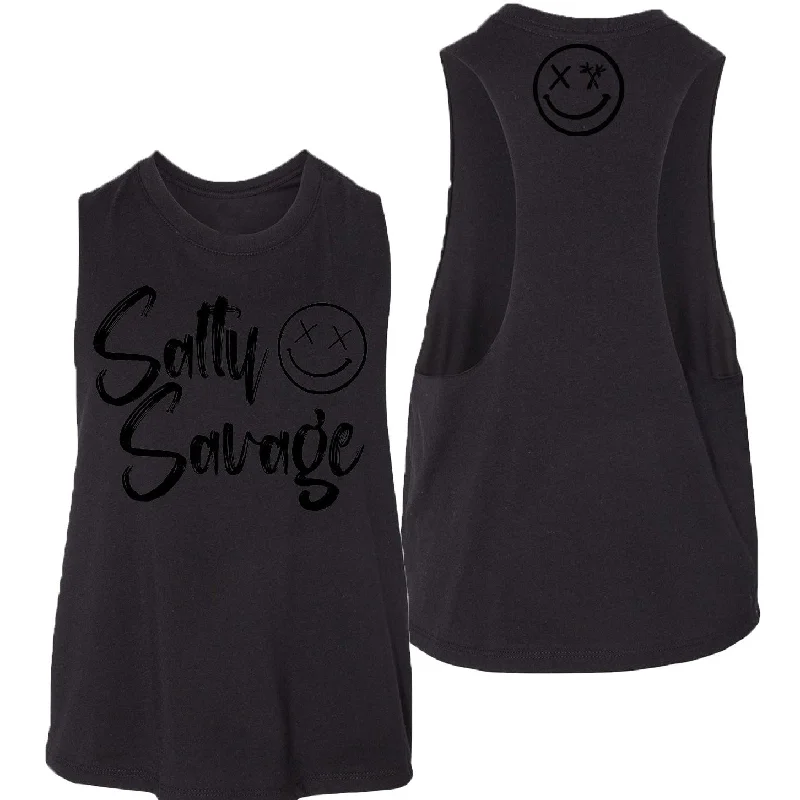 Salty Savage Ladies "Signature" Flowy Crop Tank | Black on Black lace back tank