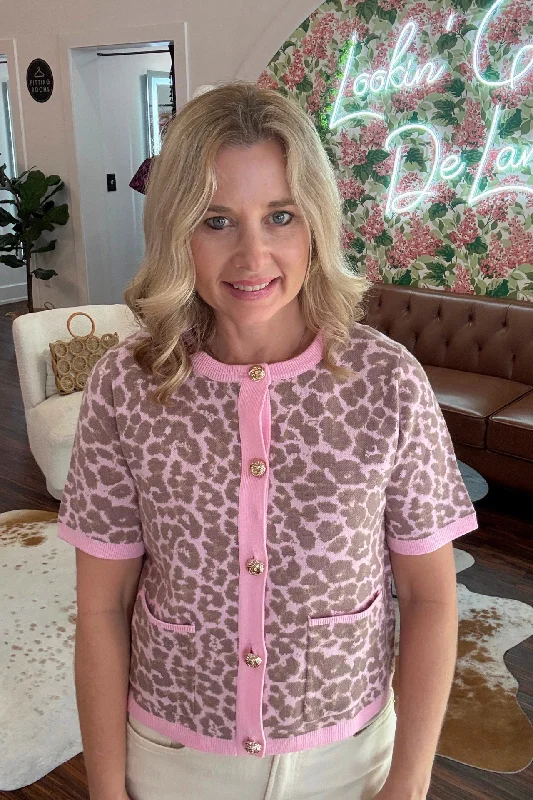 Pink Leopard Short Sleeve Cardigan Chenille Fabric Brocade Fabric Lace Fabric
