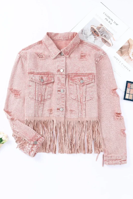 Distressed Fringe Detail Denim Jacket Boat Neck Shawl Collar Notched Collar