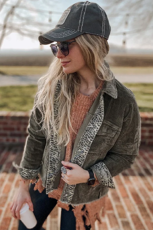 Gray Contrast Snakeskin Trim Pocketed Corduroy Jacket Cardigan Sweater Pullover