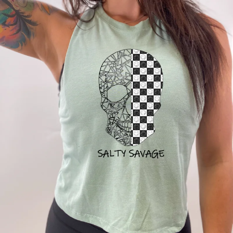 Salty Savage Ladies “Spliced Checkered Geo Skull” Flowy Racerback Crop Tank | Black & White lavender tank top