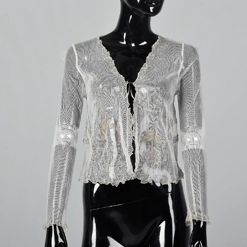 2000s Deadstock Embroidered Floral Cardigan Spandex Blend Rayon Blend Denim Blend