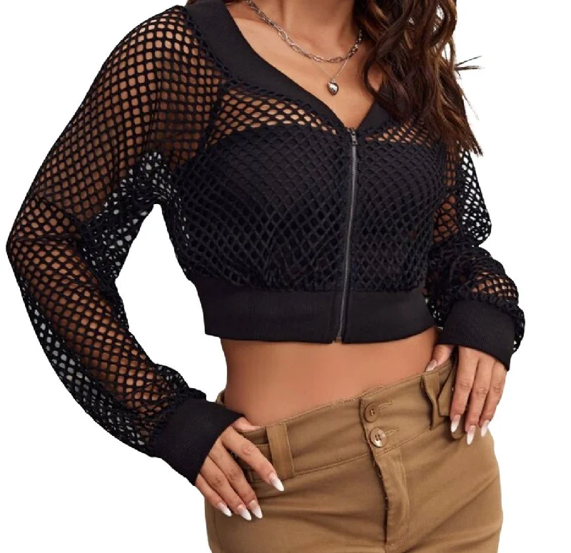 THIGHBRUSH® - Fishnet Cropped Zipper Jacket - Black Print Jacket Jacquard Jacket Embroidered Jacket