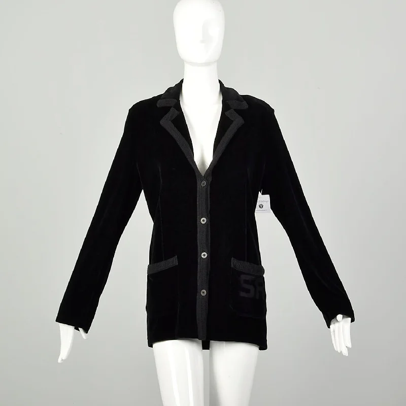 Large 1990s Sonia Rykiel Black Signature Pocket Blazer Velour Cardigan Welt Pockets Slit Pockets Flap Pockets