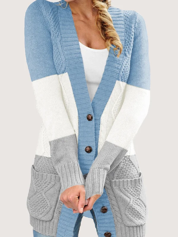Blue Knit Pattern Front Button Cardigan with Side Pockets Casual Formal Business