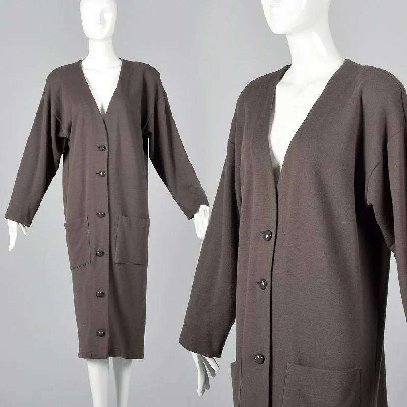 1990s Norma Kamali Long Knit Cardigan Welt Pockets Slit Pockets Flap Pockets