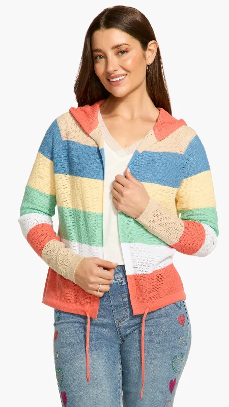 Pointelle Knit Striped Hooded Cardigan. Style FD1631314 Denim Fabric Leather Fabric Suede Fabric