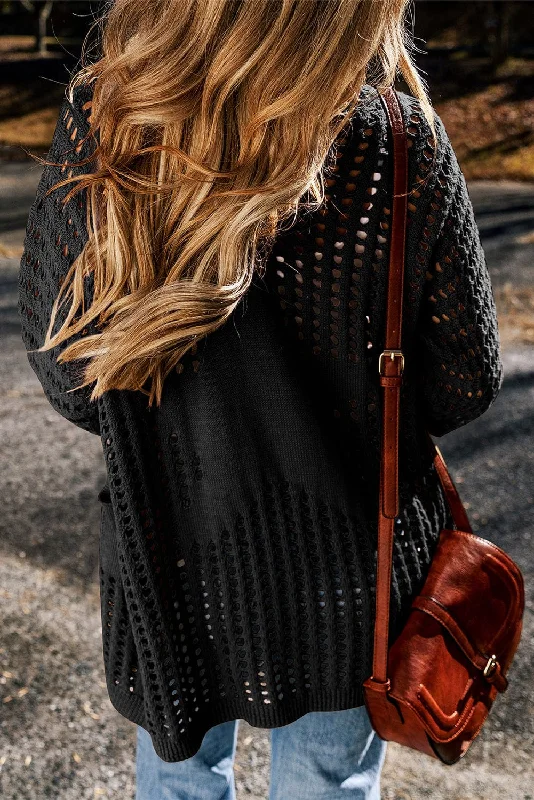 Black Knit Cardigan Ribbed Striped Patterned