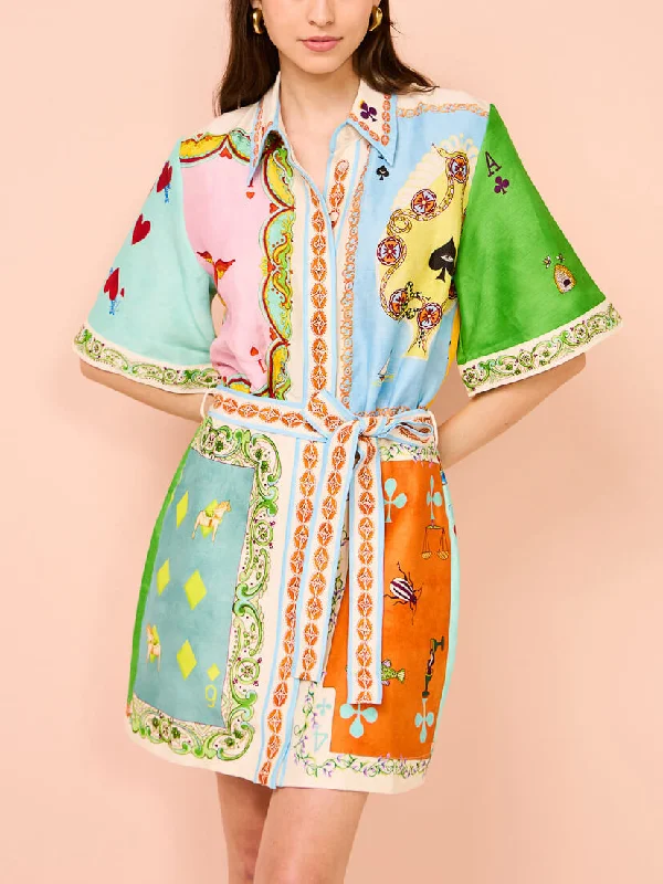Casual fun printed Charming shirt cardigan short dress Notch Collar Peter Pan Collar Cowl Neck